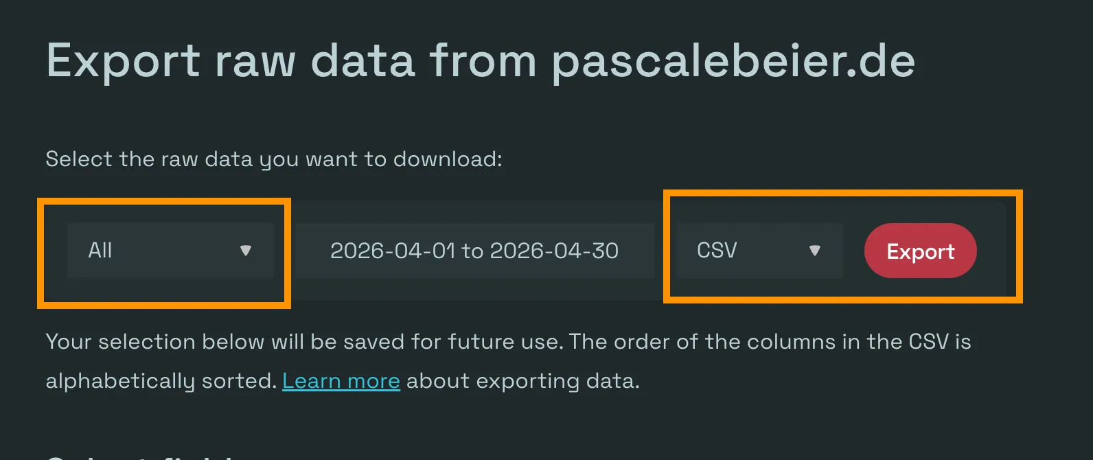 Simple Analytics export page with All data selected and CSV chosen as the export format