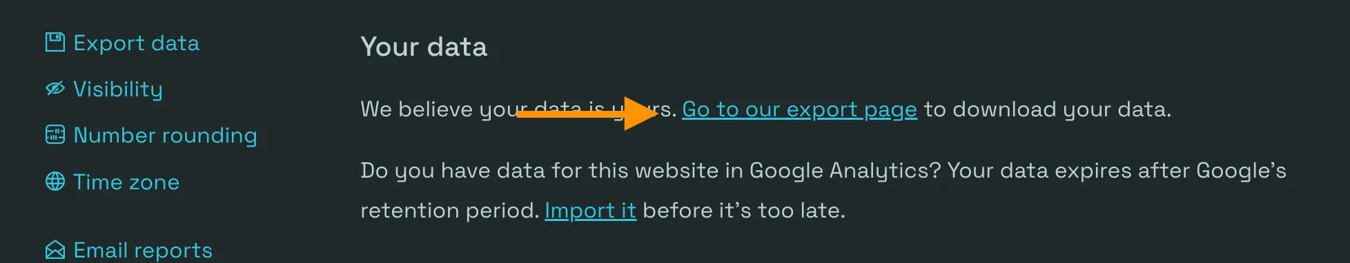 Simple Analytics Export data settings showing the Go to our export page link