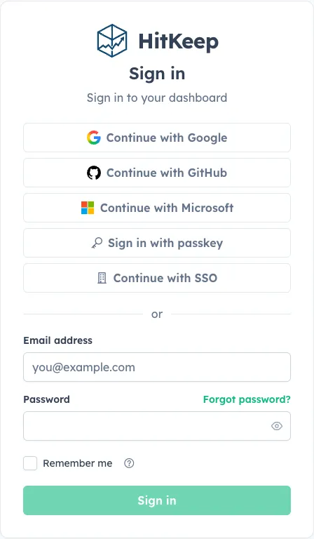 HitKeep sign-in form with Google, GitHub, Microsoft, passkey, SSO, email, and password options