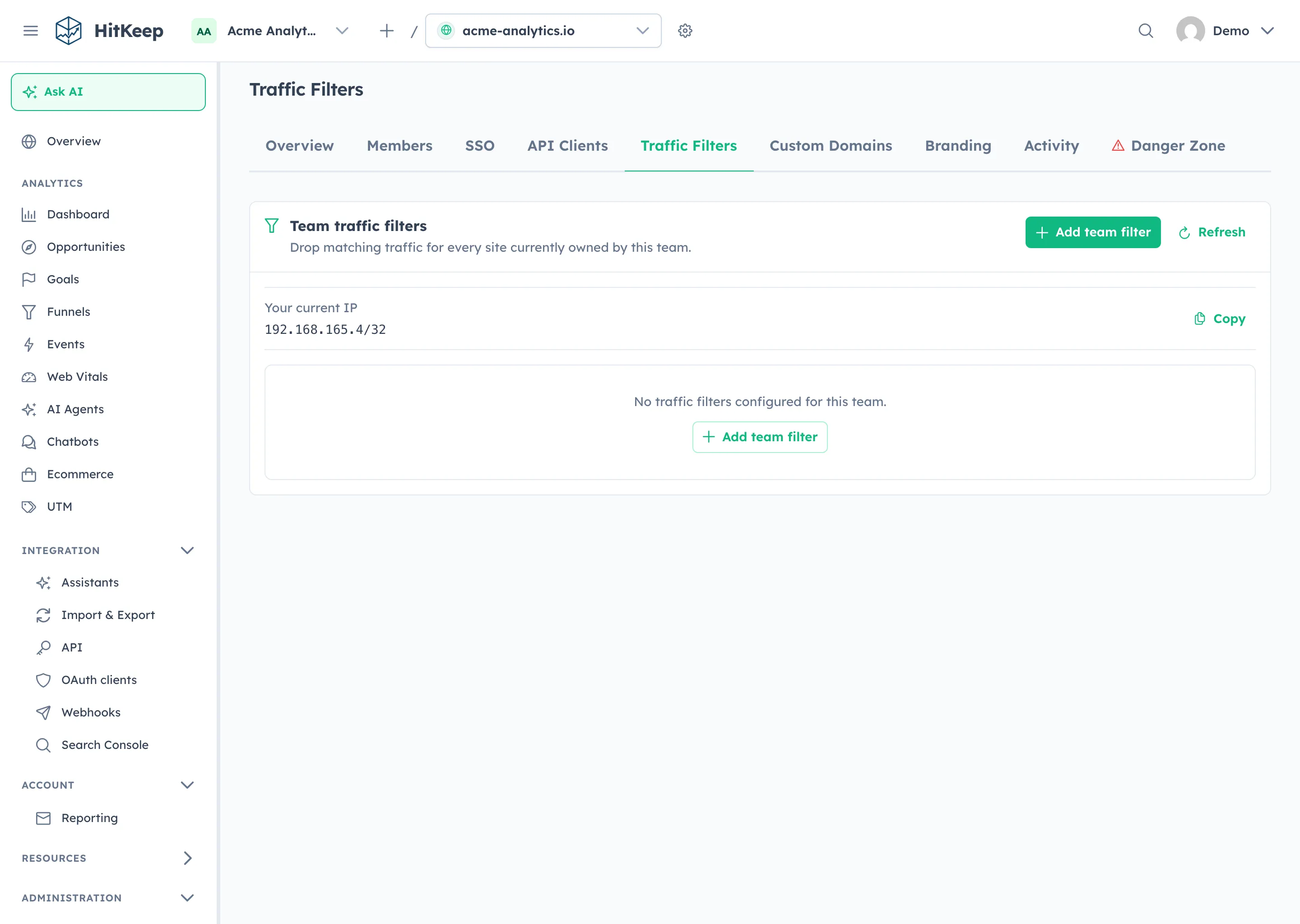 HitKeep team traffic filters with an empty rule list and Add team filter controls
