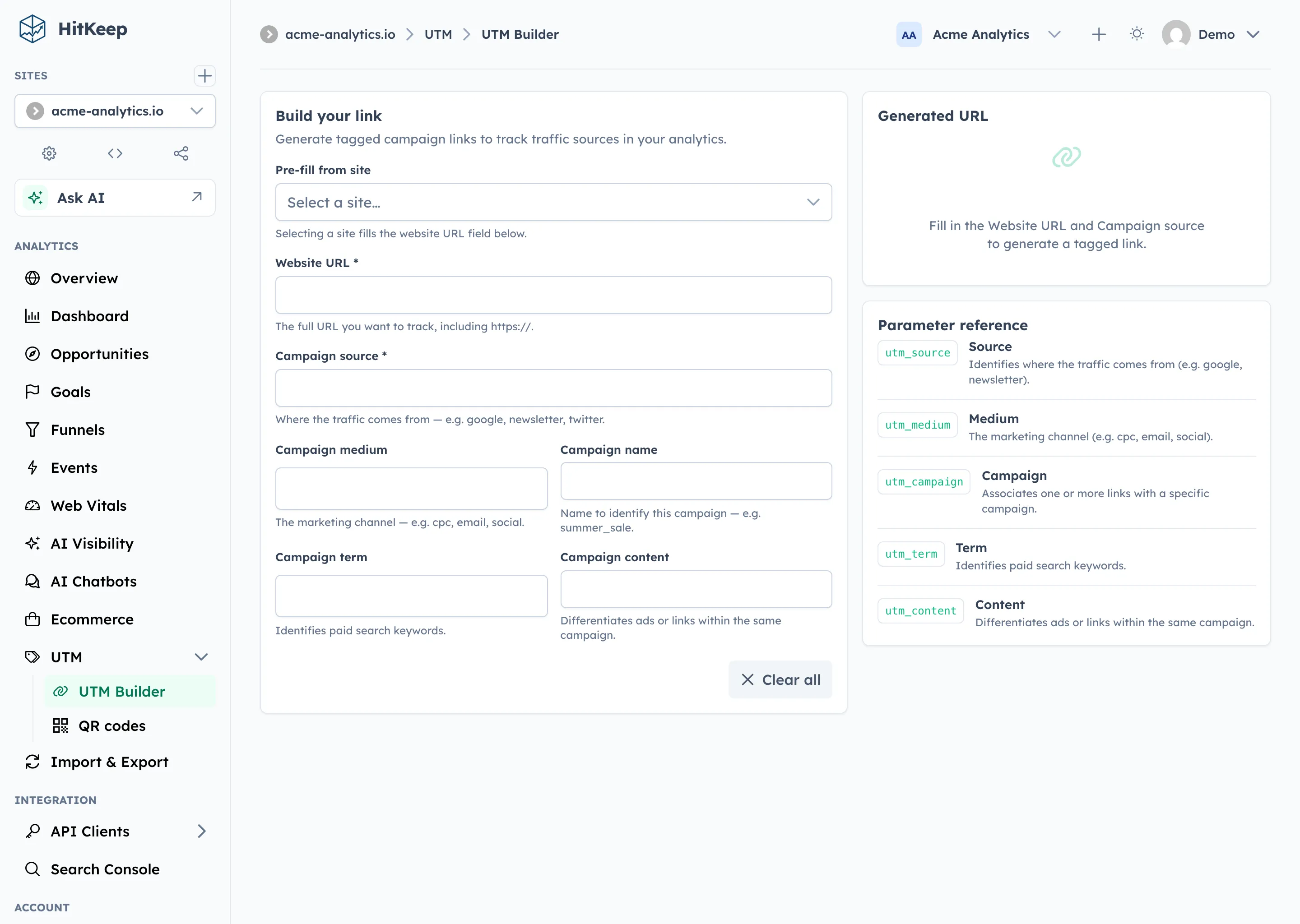 HitKeep UTM link builder with fields for website URL, campaign source, medium, campaign name, term, and content