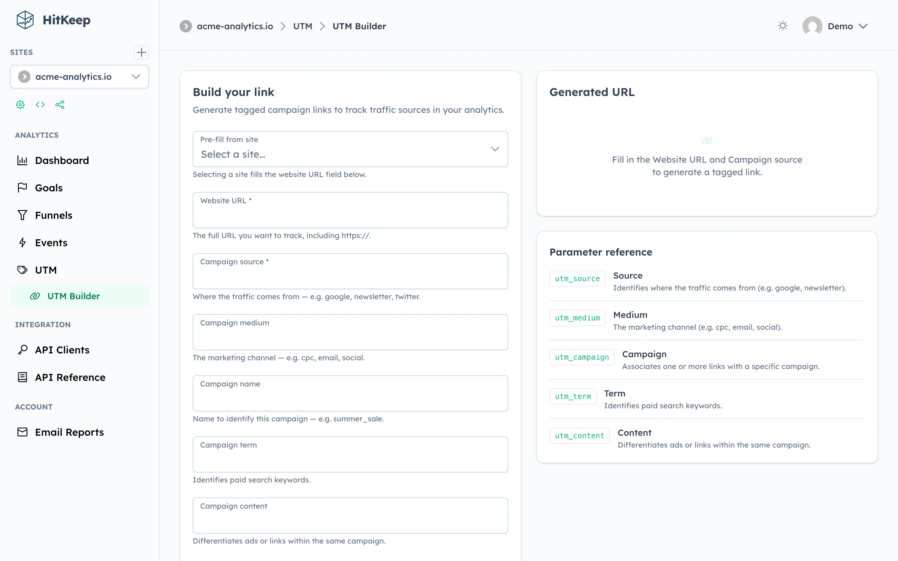 HitKeep UTM link builder with fields for website URL, campaign source, medium, campaign name, term, and content