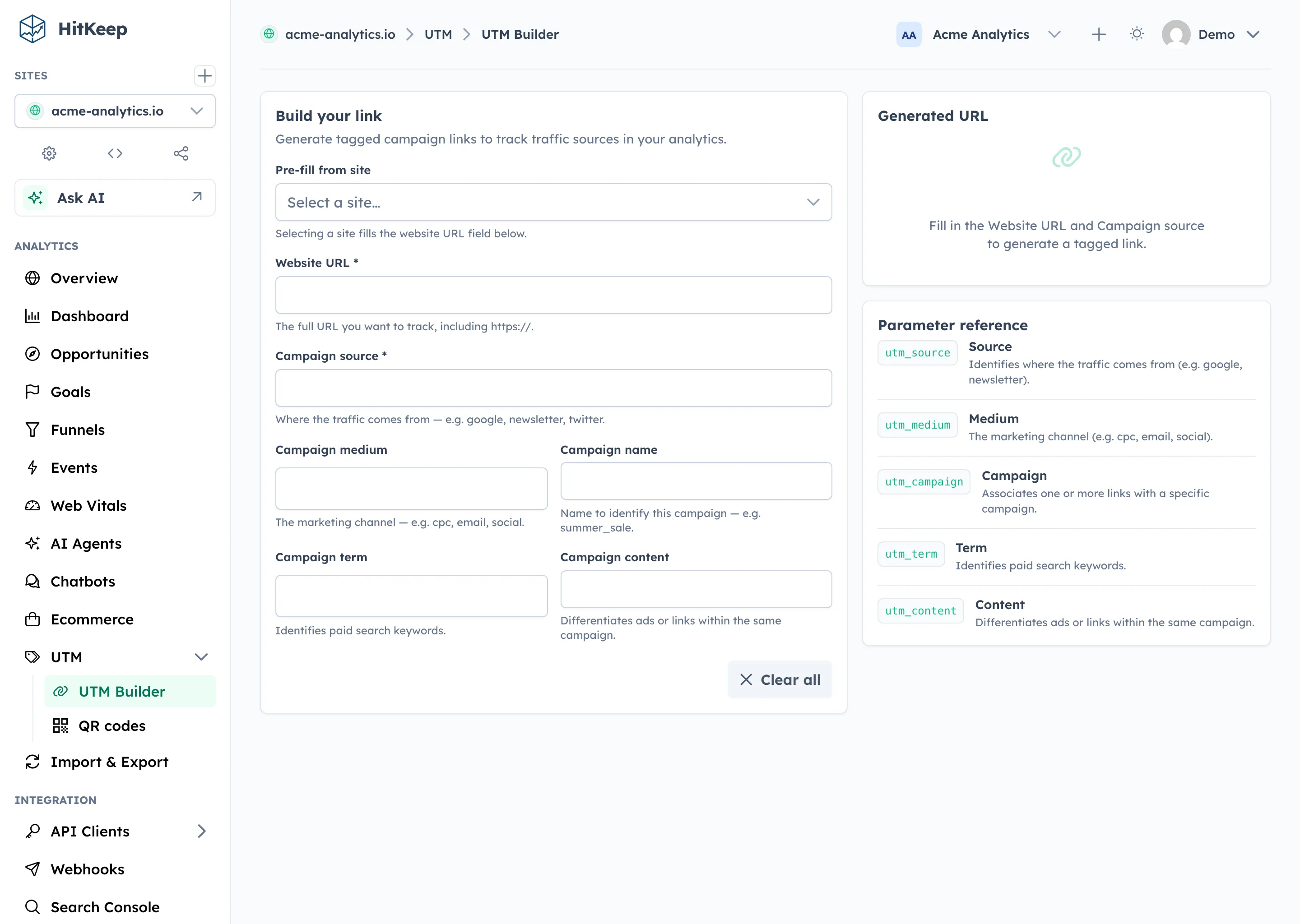 HitKeep UTM link builder with fields for website URL, campaign source, medium, campaign name, term, and content