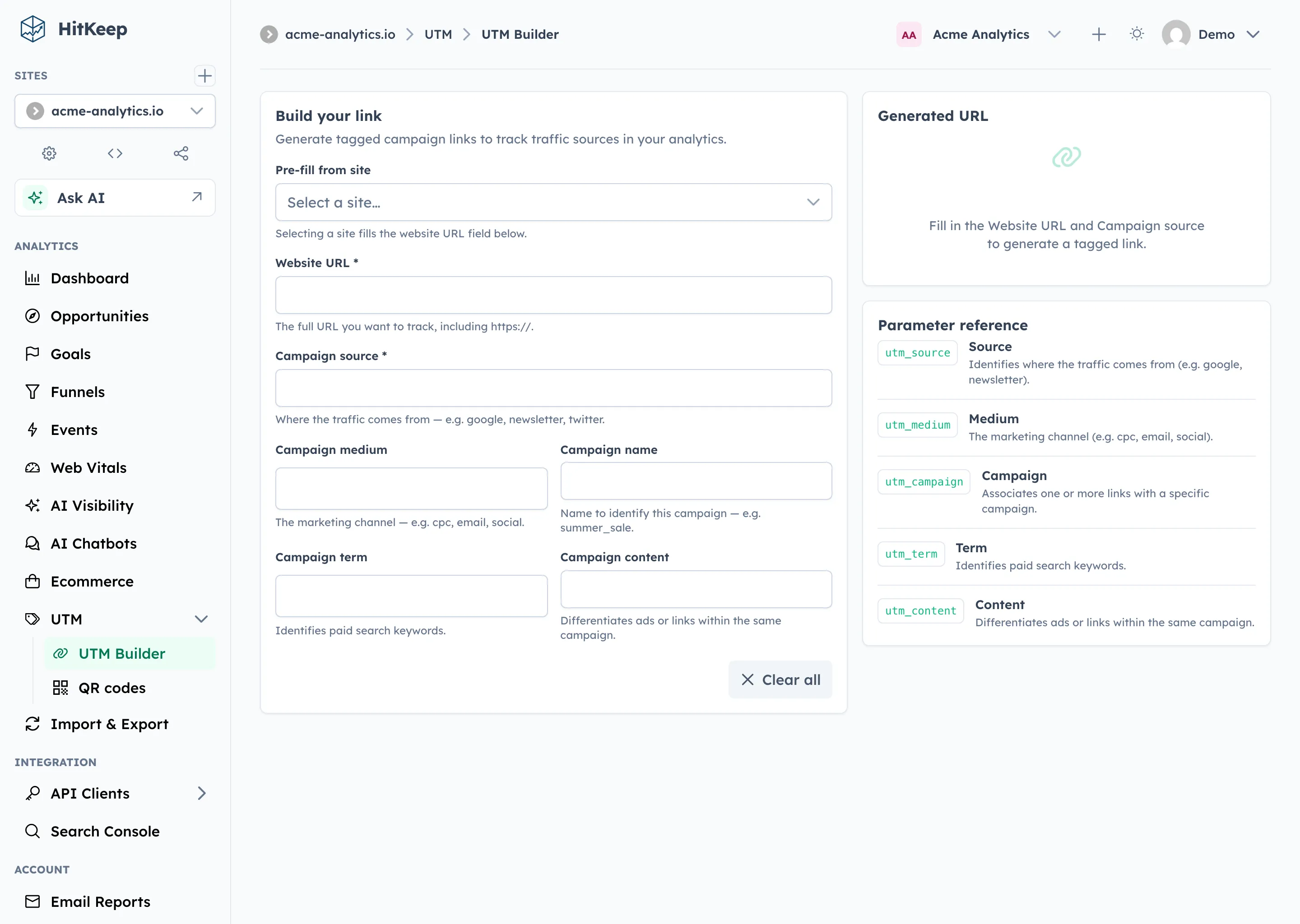 HitKeep UTM link builder with fields for website URL, campaign source, medium, campaign name, term, and content