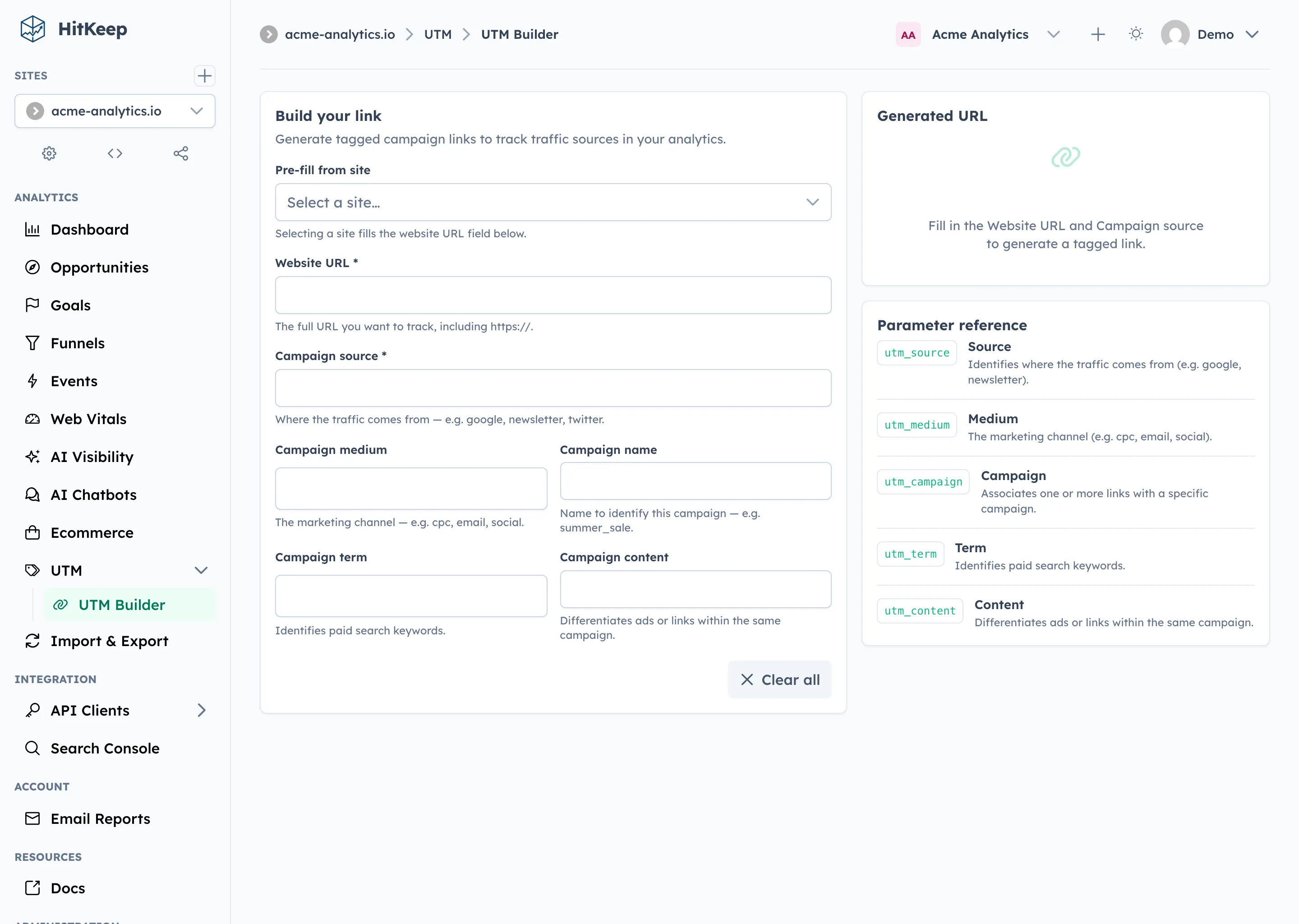HitKeep UTM link builder with fields for website URL, campaign source, medium, campaign name, term, and content