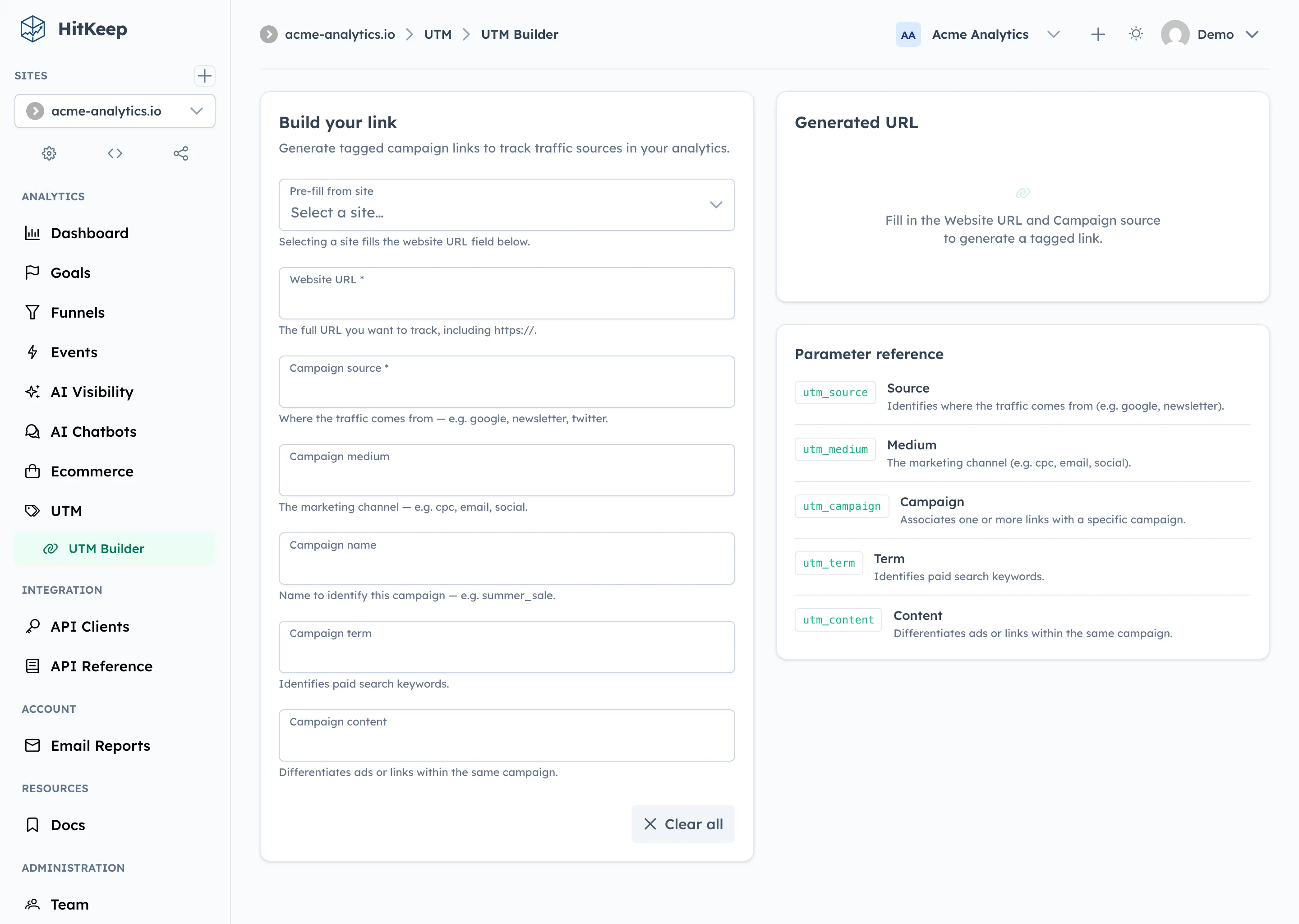 HitKeep UTM link builder with fields for website URL, campaign source, medium, campaign name, term, and content
