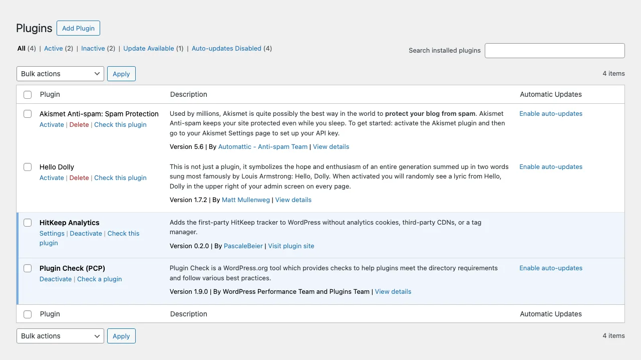 WordPress plugin list with HitKeep Analytics installed and active