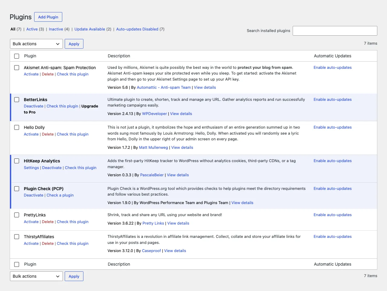 WordPress plugin list with HitKeep Analytics installed and active
