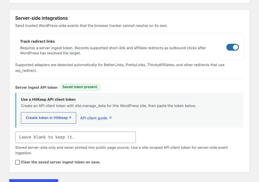 HitKeep WordPress server ingest API token field with links to create an API client token and read the API client guide