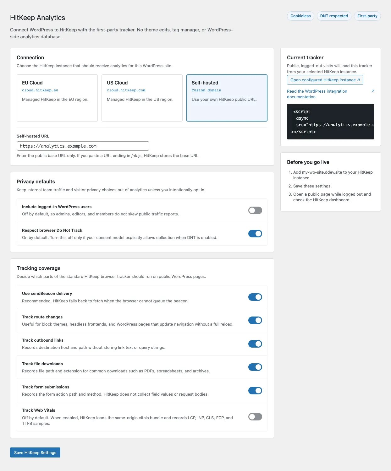 HitKeep WordPress plugin settings with instance selection, privacy defaults, tracking toggles, and snippet preview