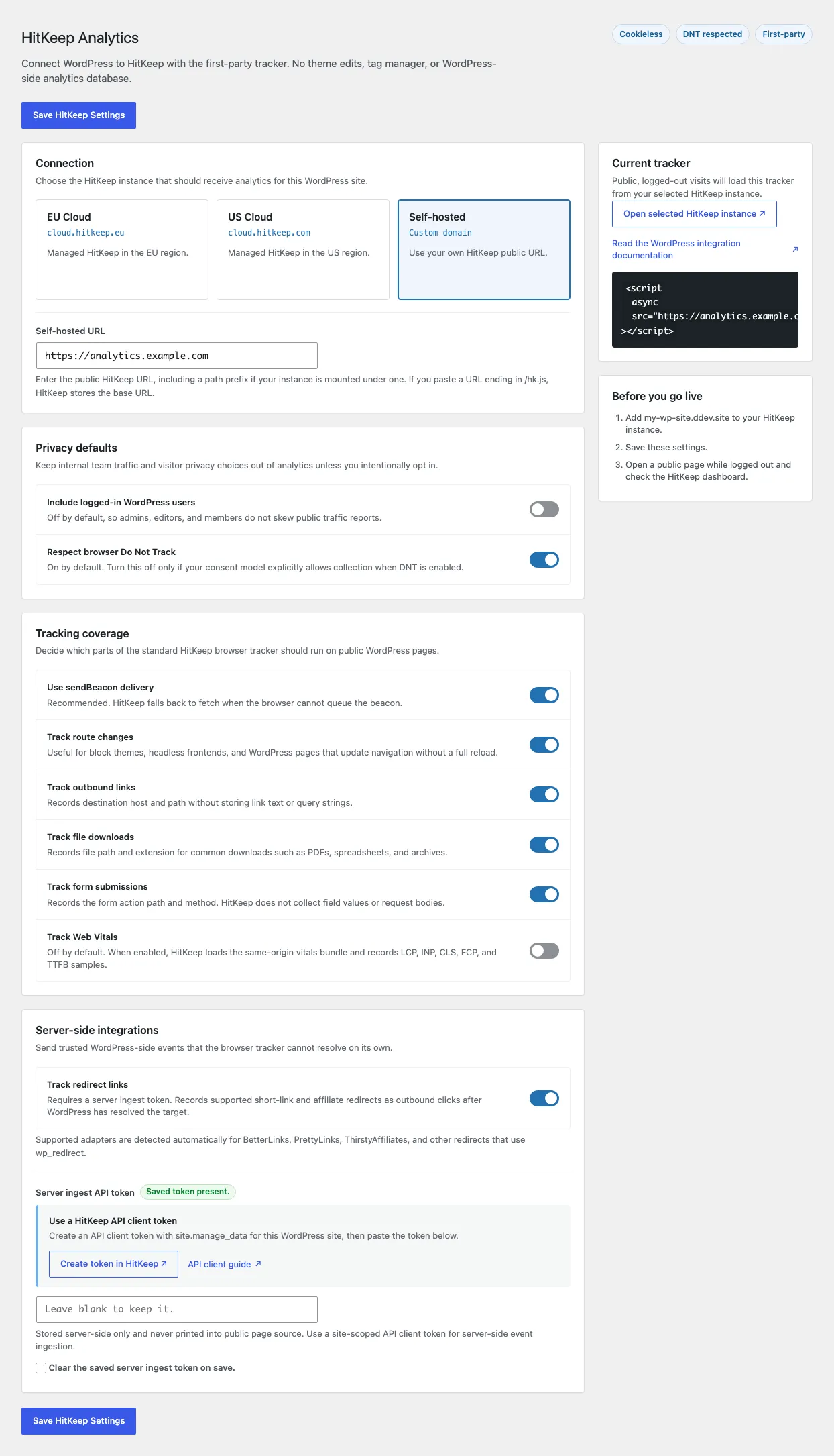 HitKeep WordPress plugin settings with instance selection, privacy defaults, tracking toggles, redirect tracking, and snippet preview