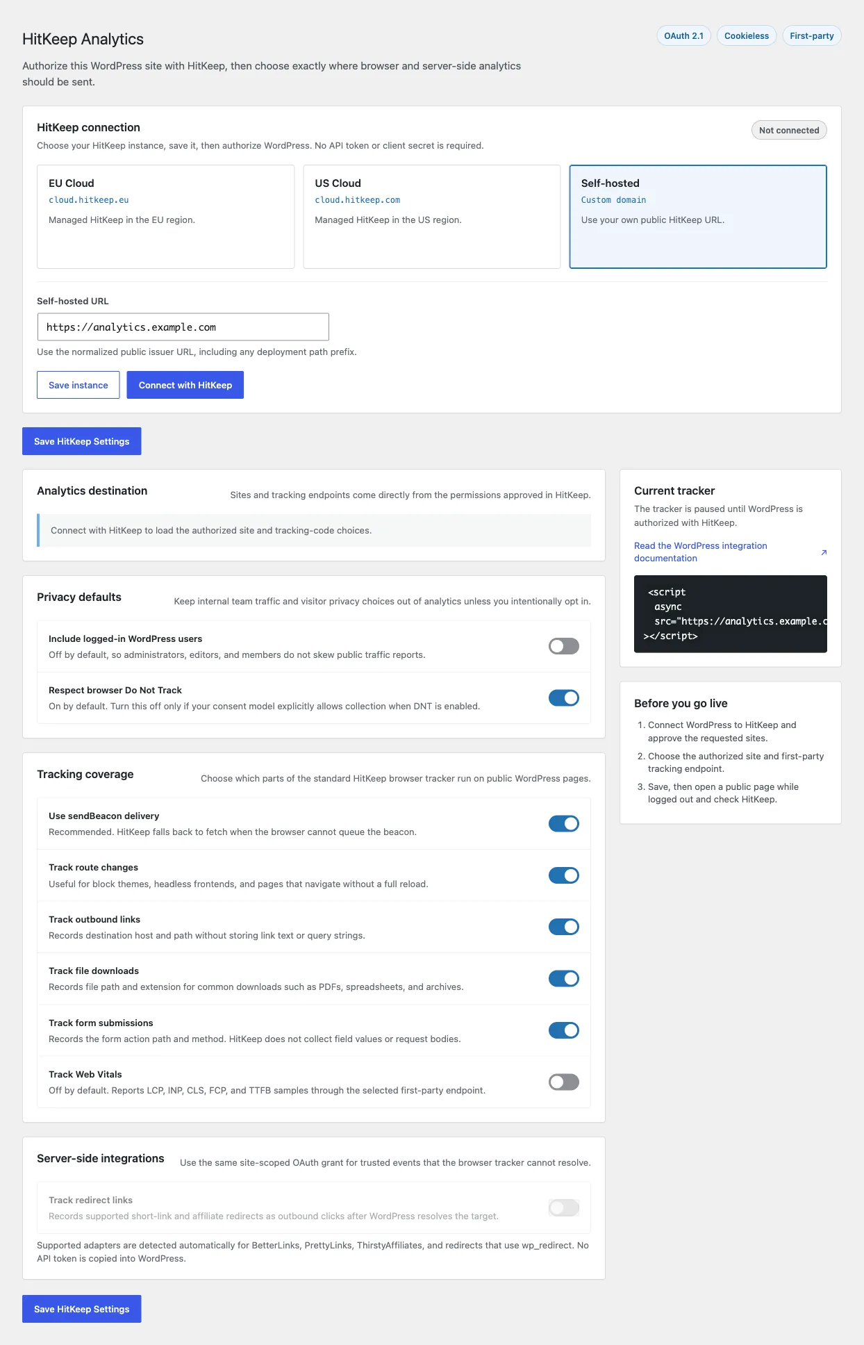 HitKeep WordPress settings before authorization, showing instance selection, Connect with HitKeep, and tracking and privacy switches